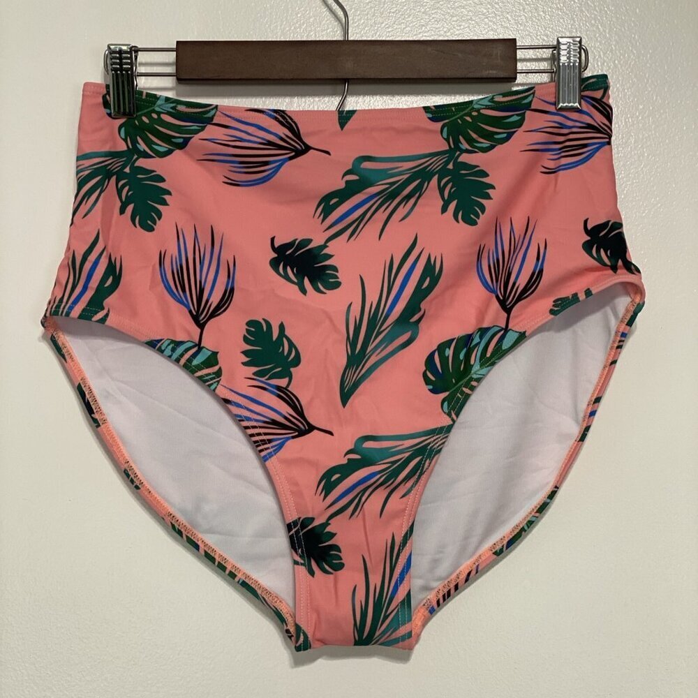 Bikini Bathing‎ Suit Size L Pink Tropical Print Bottom High Cut NWOT